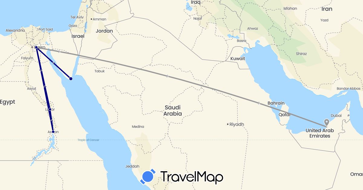 TravelMap itinerary: driving, plane in United Arab Emirates, Egypt (Africa, Asia)